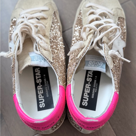 Golden Goose Gold Glitter Super Star Sneakers with Neon Pink - Picture 8 of 11
